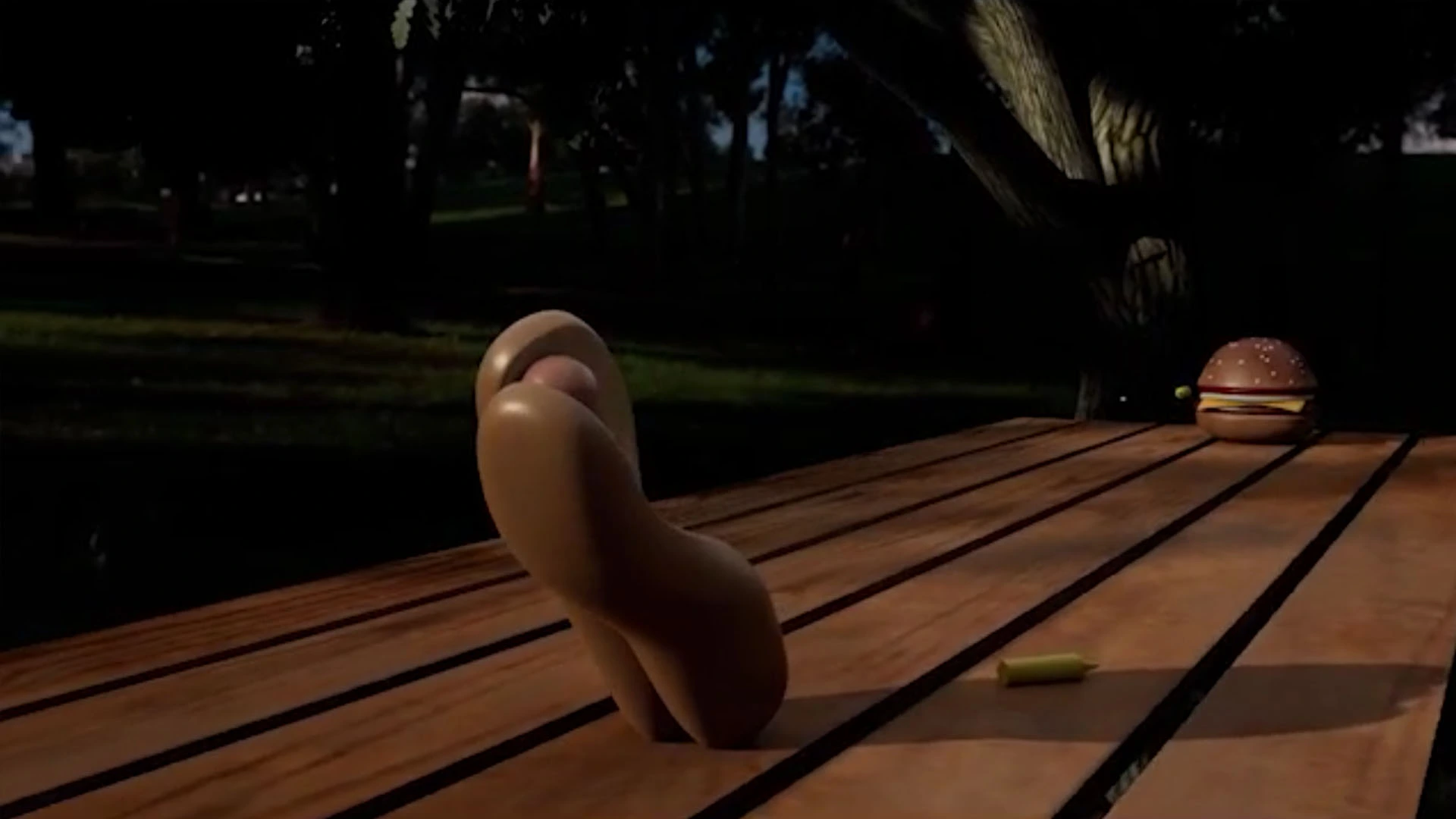 A hotdog matrix-dodging a mustard bolt from a hamburger agent | takes to Dodge This page