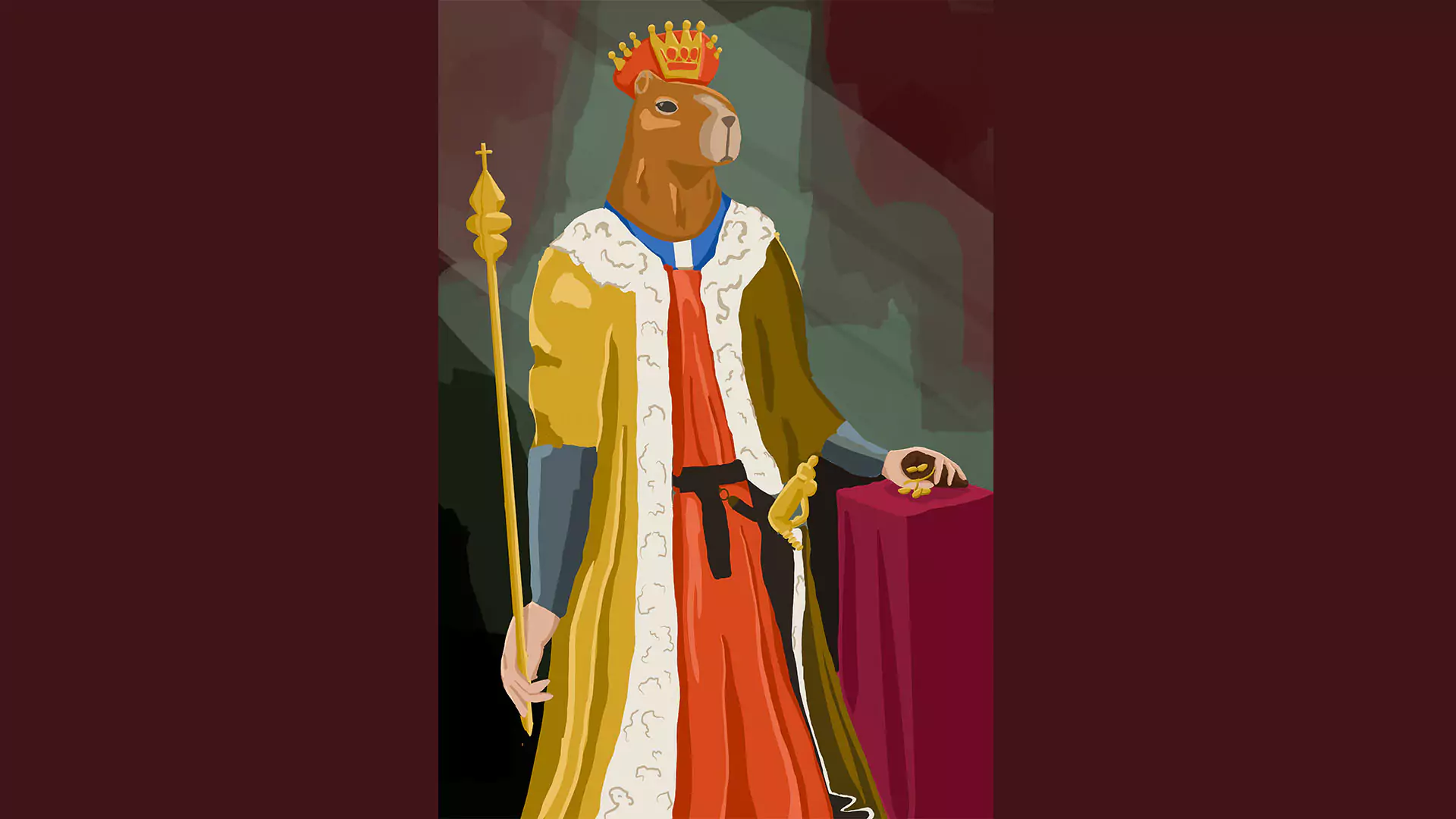 One of three triptych pieces depicting a King with the head of a Capybara