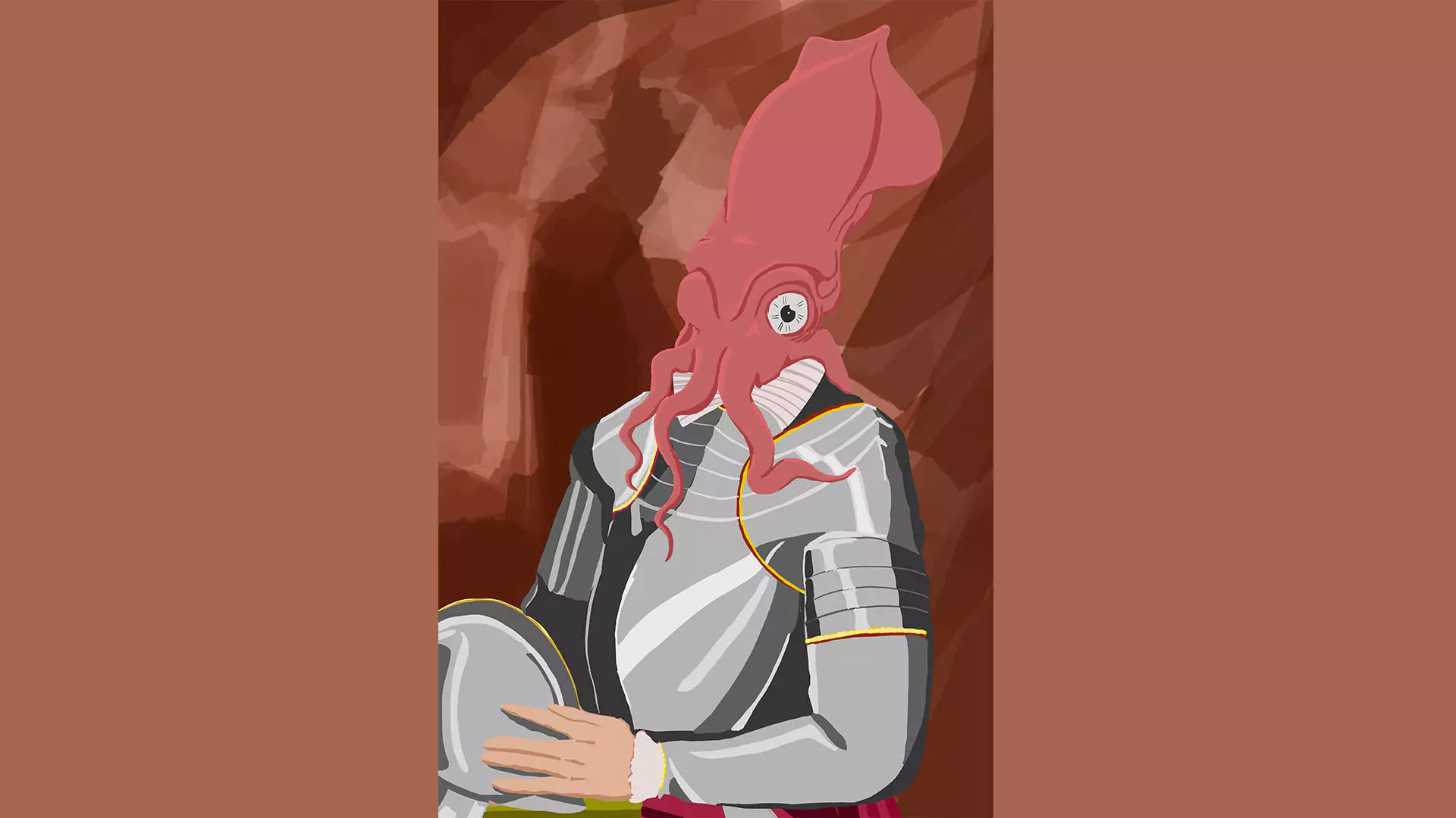 One of three triptych pieces depicting a knight with the head of a Squid