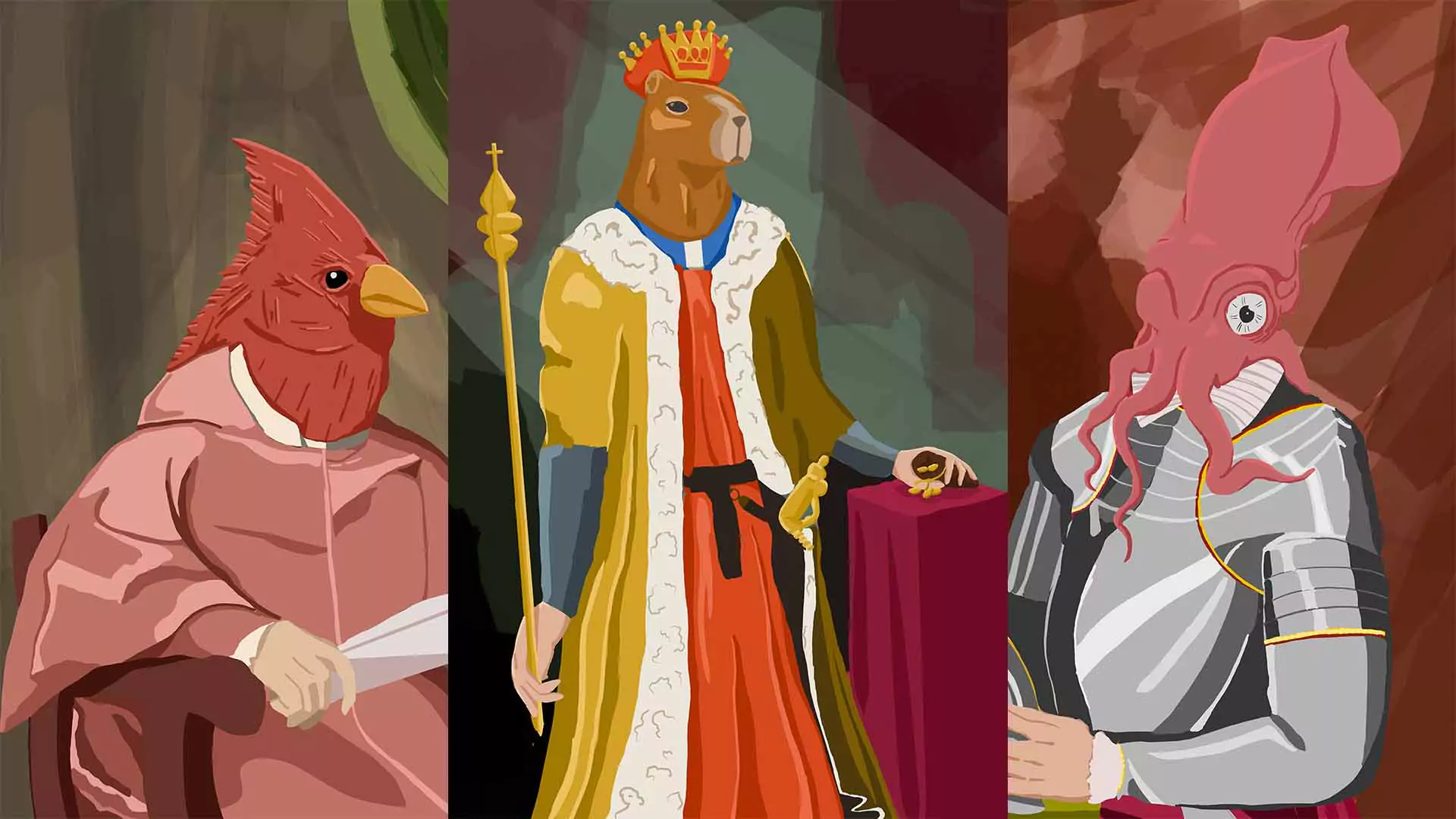 A collage of three tablet drawn renaissance-style portraits featuring anthropomorphic animals | takes to Nobles Triptych page