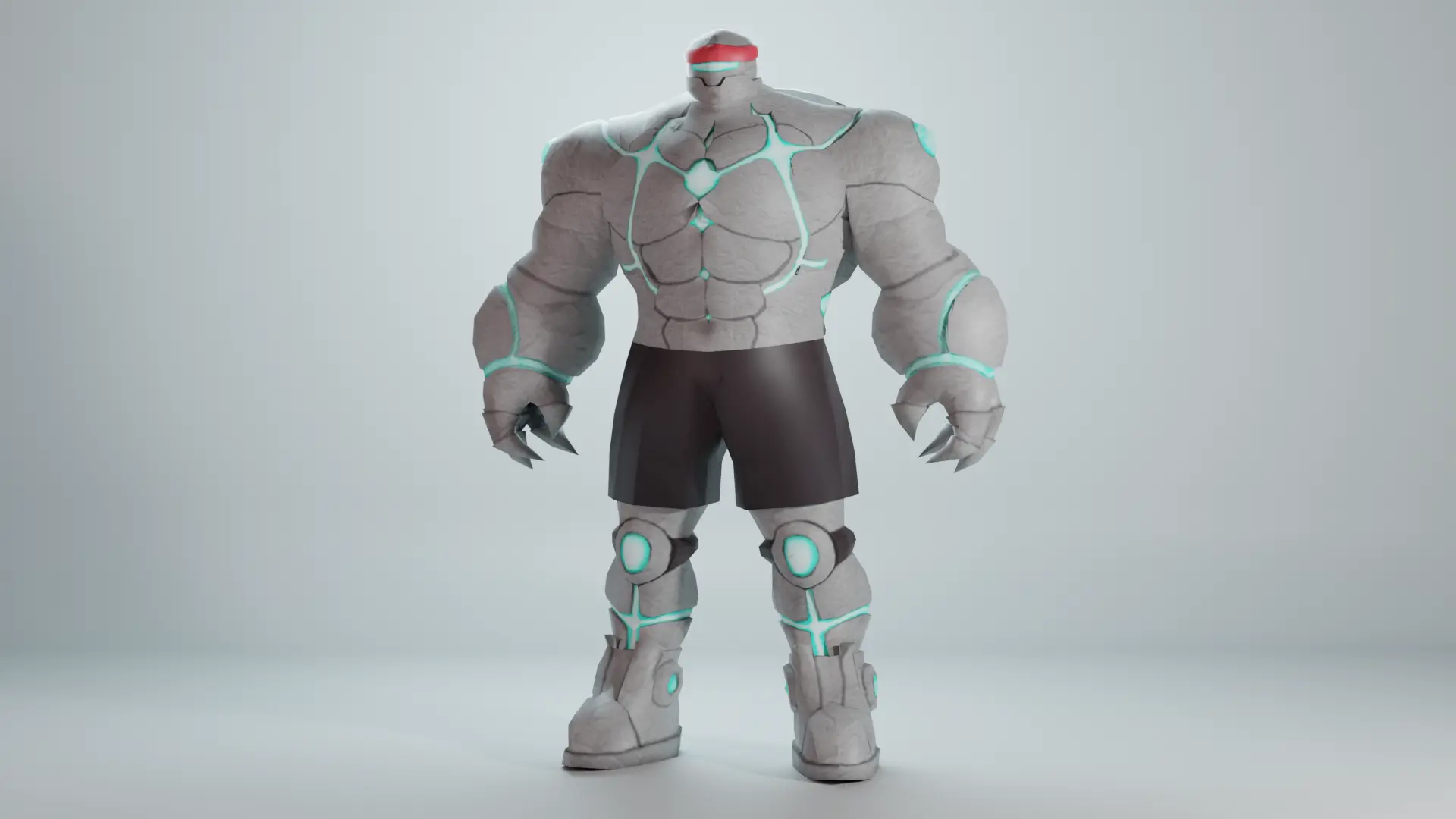 Render of a graybox with a large stone golem emitting blue lights from his cracked body | takes to The Abdominator page
