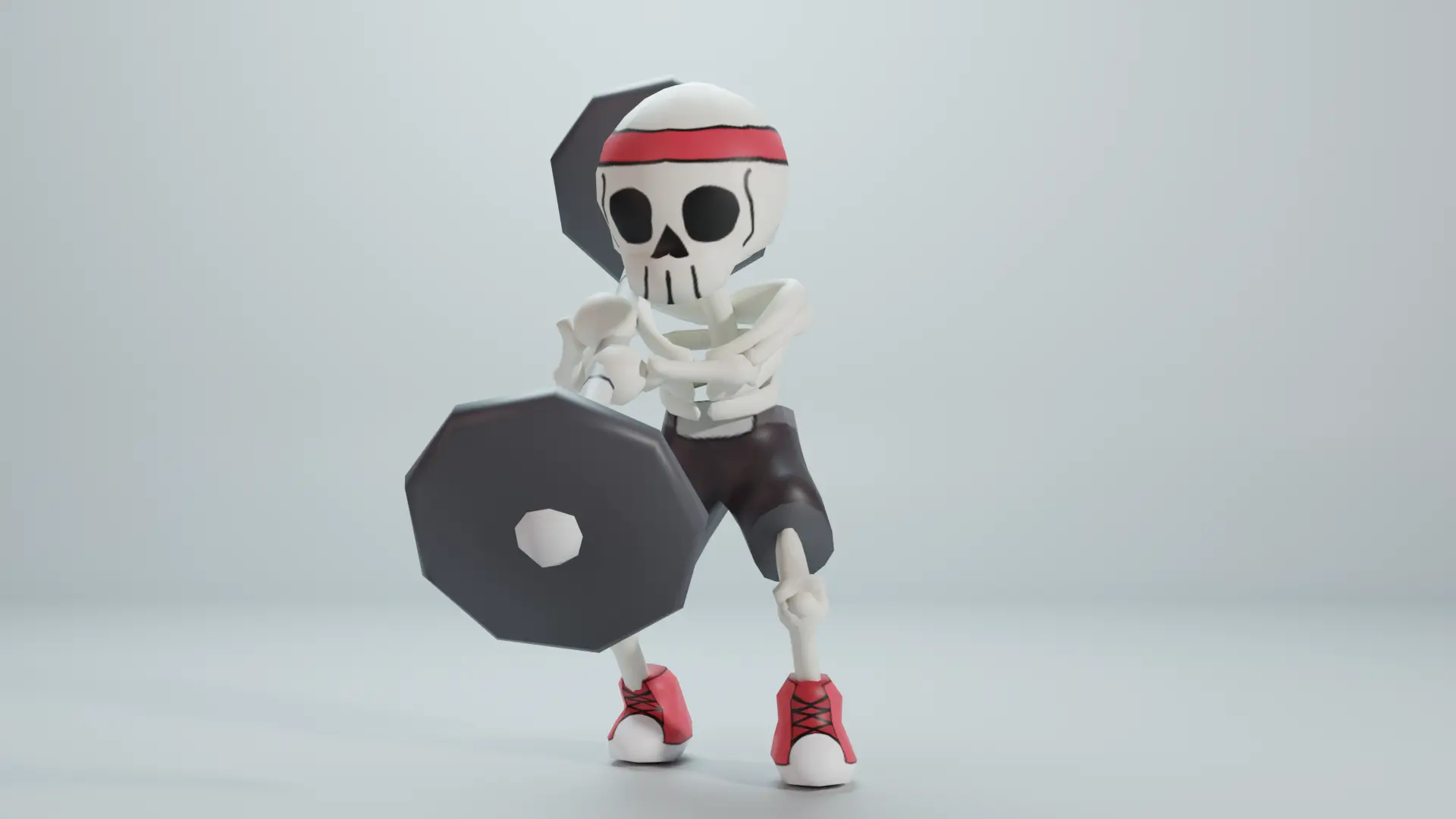Render of a graybox with a skeleton hoisting a barbell as a weapon over its shoulder | takes to Deadlifter page
