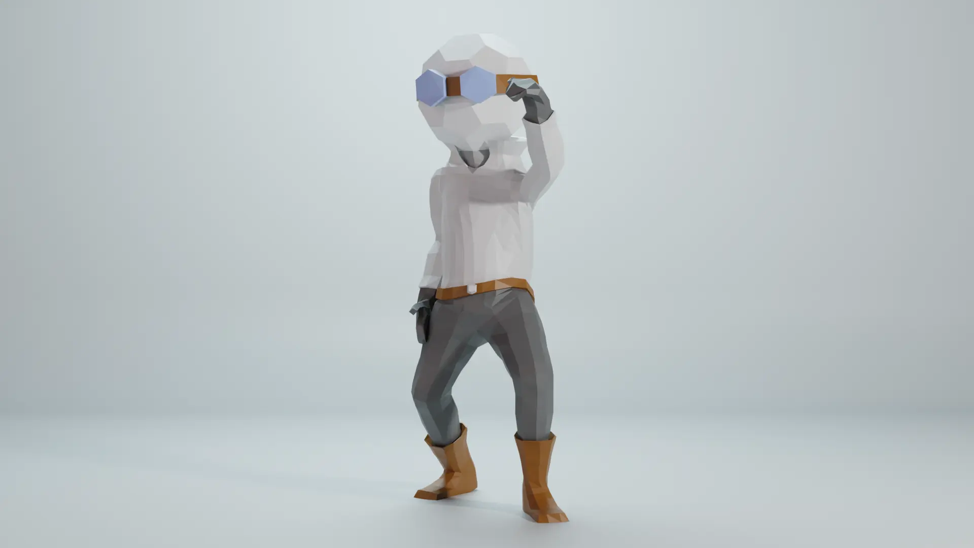 Render of a graybox with a character who has a hexagonl polygon for a head wearing hexagon lensed goggles throwing a thumbs up | takes to HexaGOON page