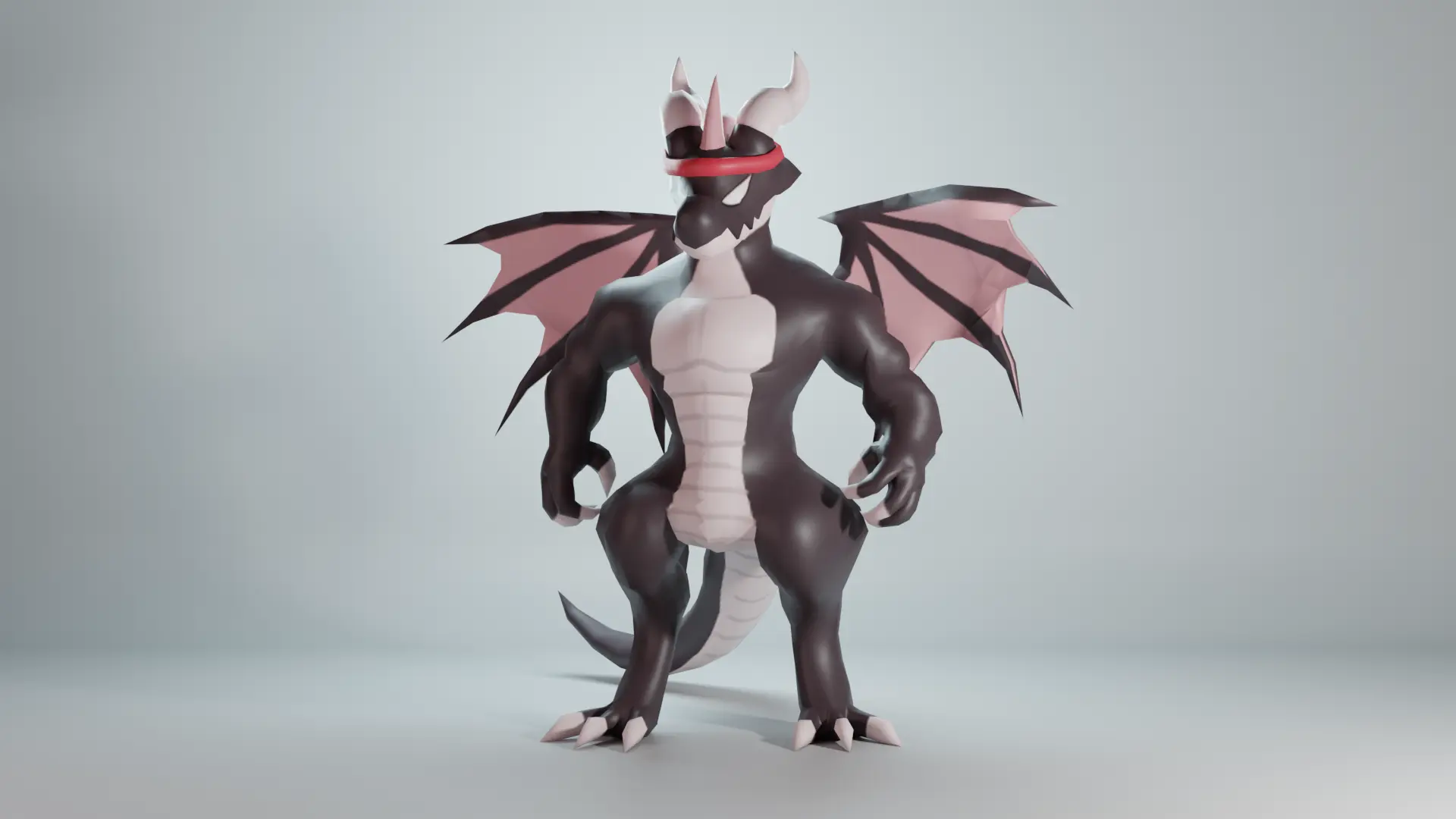 Render of a graybox with a large brown dragon sporting a headband and muscular figure | takes to The Quad Father page