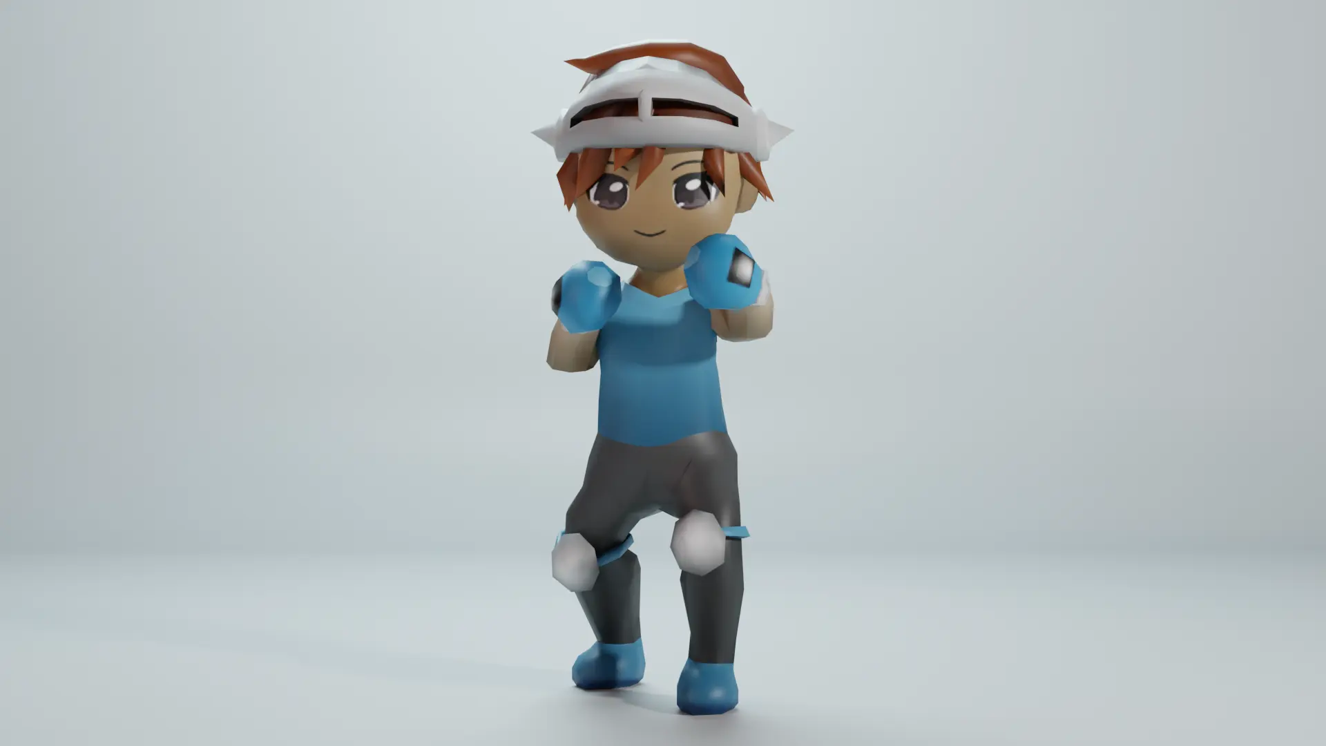 Render of a graybox with a character wearing fitness gear and a knight visor | takes to Trainer page