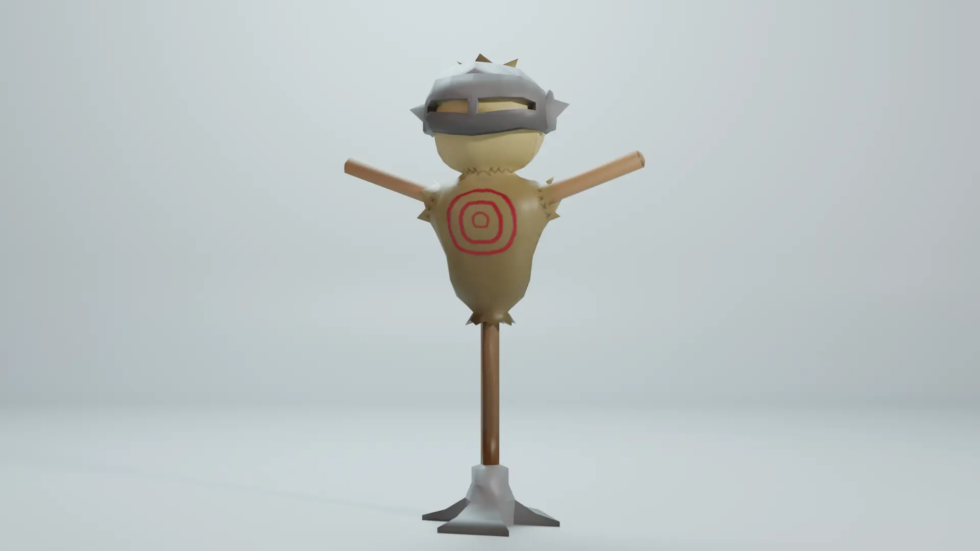 Render of a graybox with a training dummy wearing a knight visor and a bullseye on its chest | takes to Training Dummy page